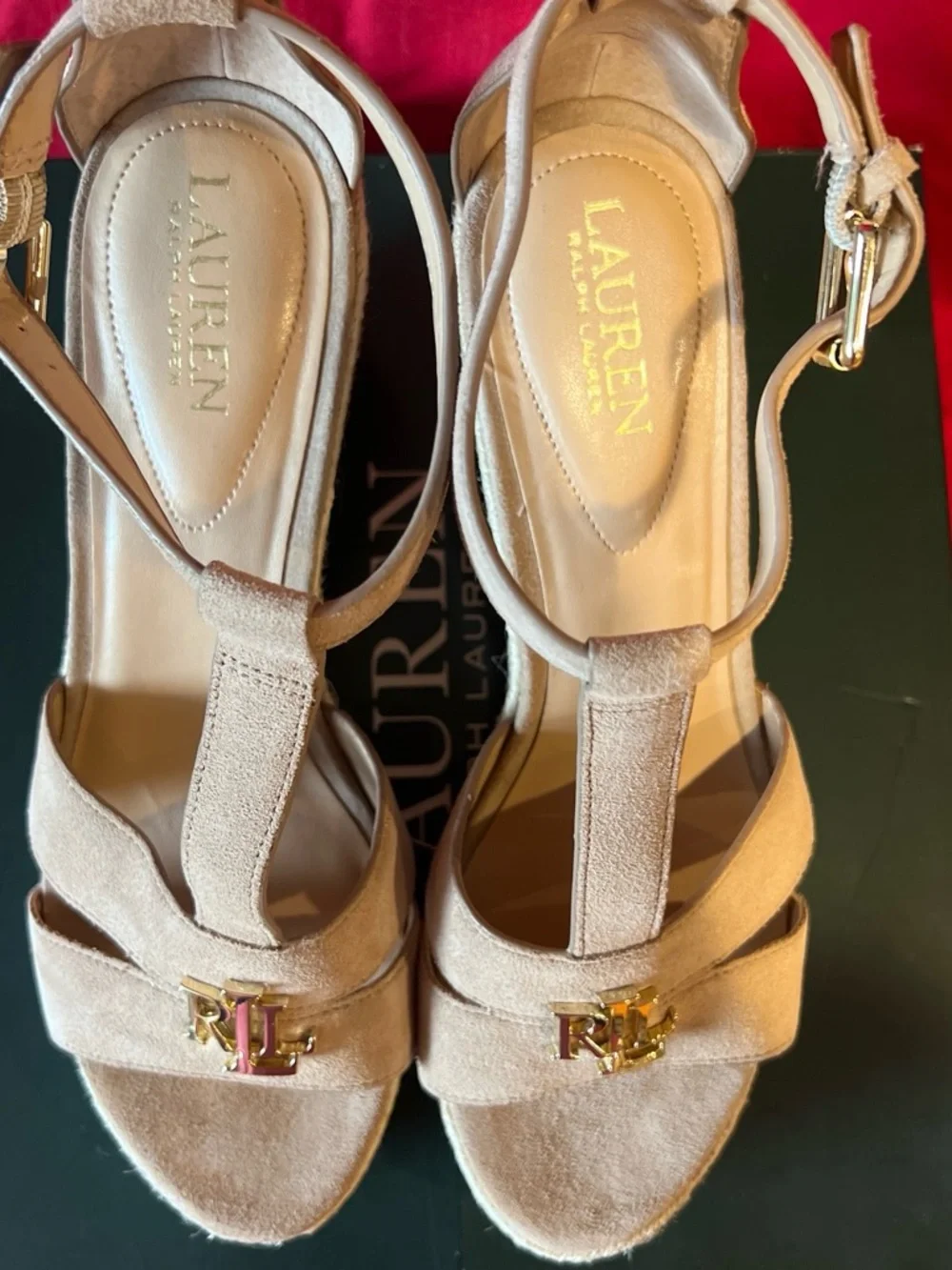 Ralph Lauren Beige Suede Wedge Espadrille Sandals with Gold RL Hardware 10B